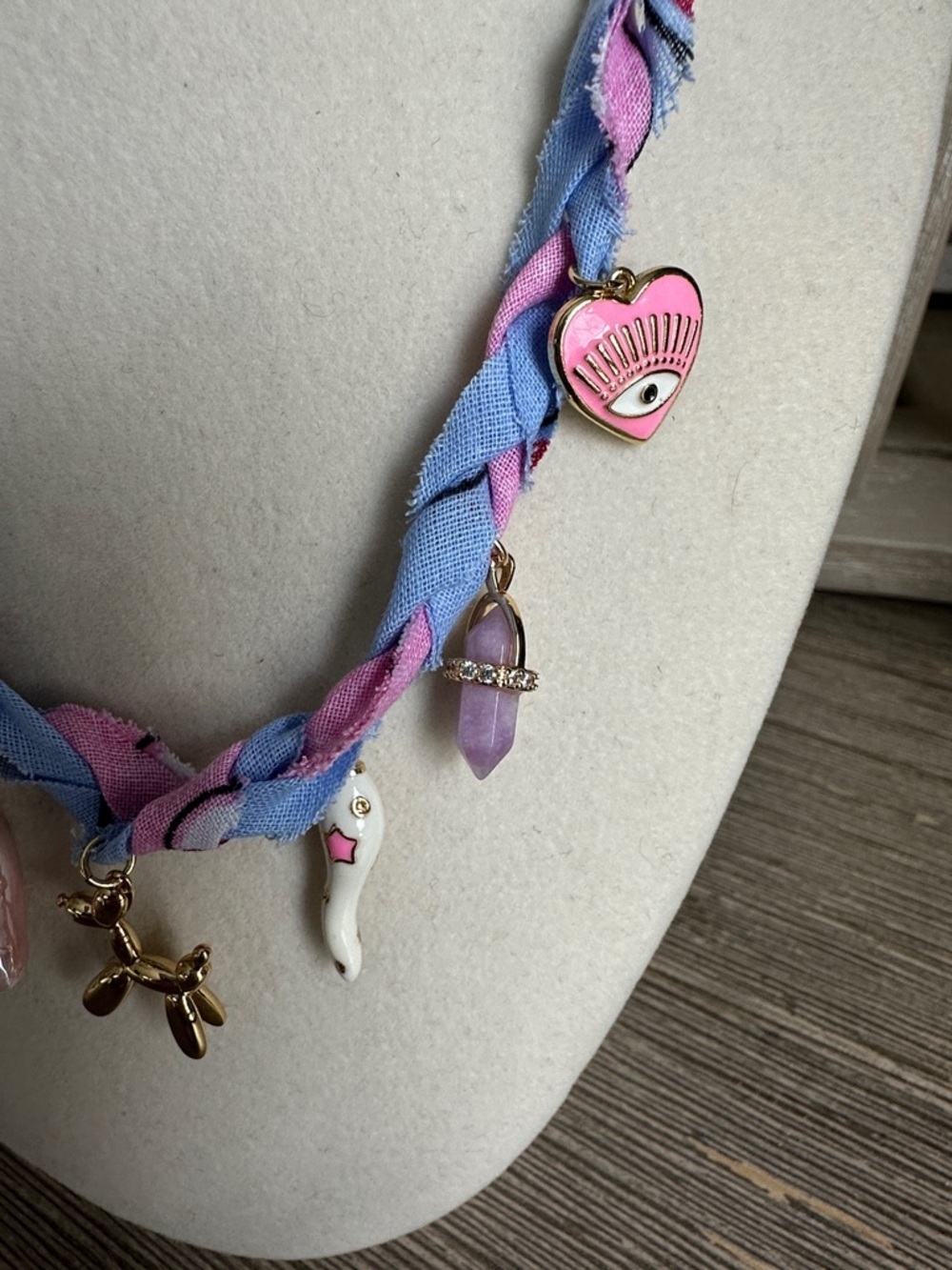 Pink & Light Blue Braided Bandana Charm Necklace - Picture 3 of 4